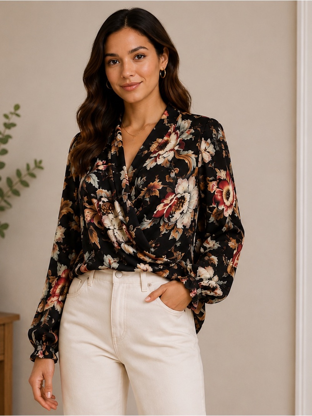 Tahari Black Floral Wrap Blouse with Cream and Rust Blooms M